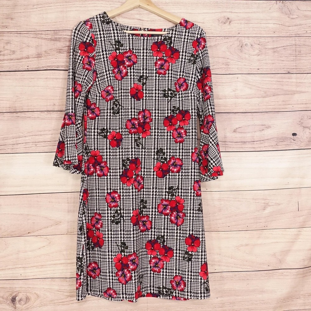 Tommy Hilfiger Dress Womens 4 Red Floral Houndstooth Shift Knit 3/4 Bell Sleeve